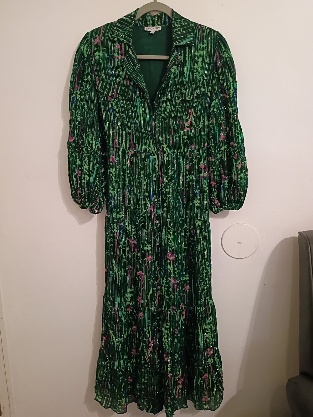 King+ Pitt Green Printed Maxi Dress with Puff Sleeves Sz XS